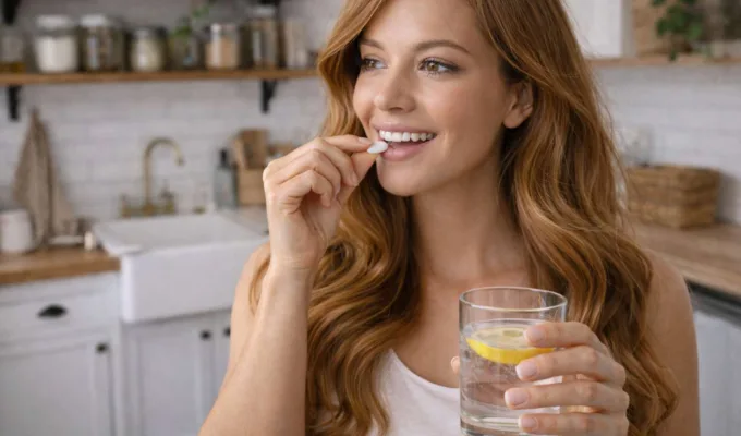 Woman with long healthy hair taking a daily supplement with a glass of water in a bright farmhouse kitchen.