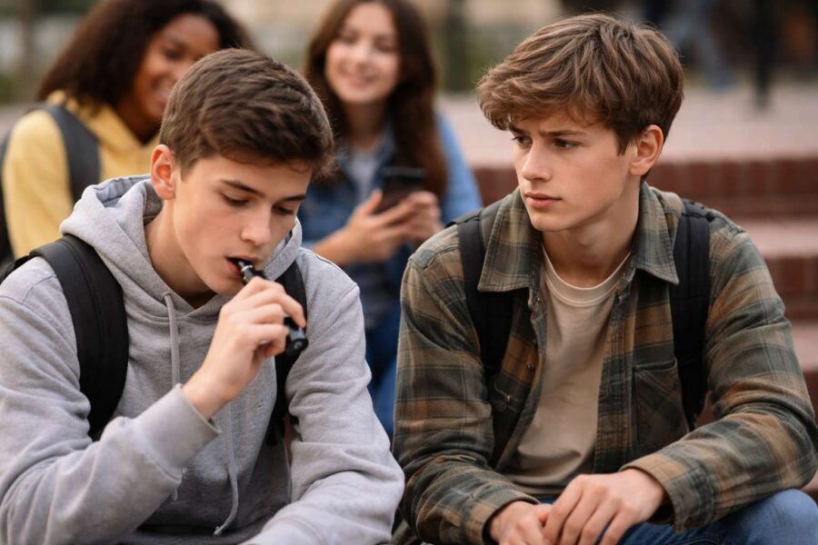 Group of teens with one vaping